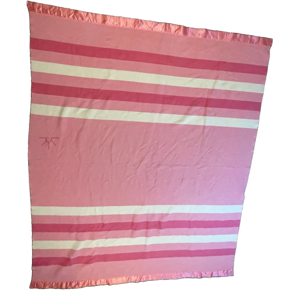 Vtg Baron Woolen Mills Wool Blanket Pink White Stripe Satin Trim 70" x 86" Lodge